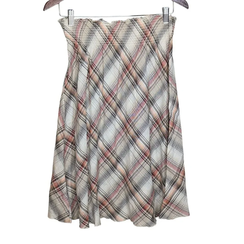 NWOT Y2K Old Navy Plaid A Line Skirt Sz M Linen Blend Elastic Waist Academia